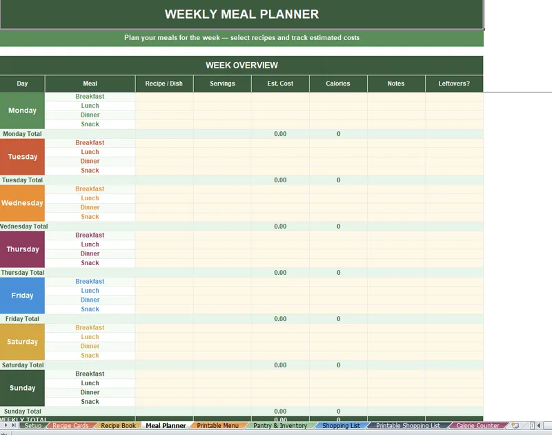 All-In-One Meal Planner spreadsheet - Finance Scoops spreadsheet template preview